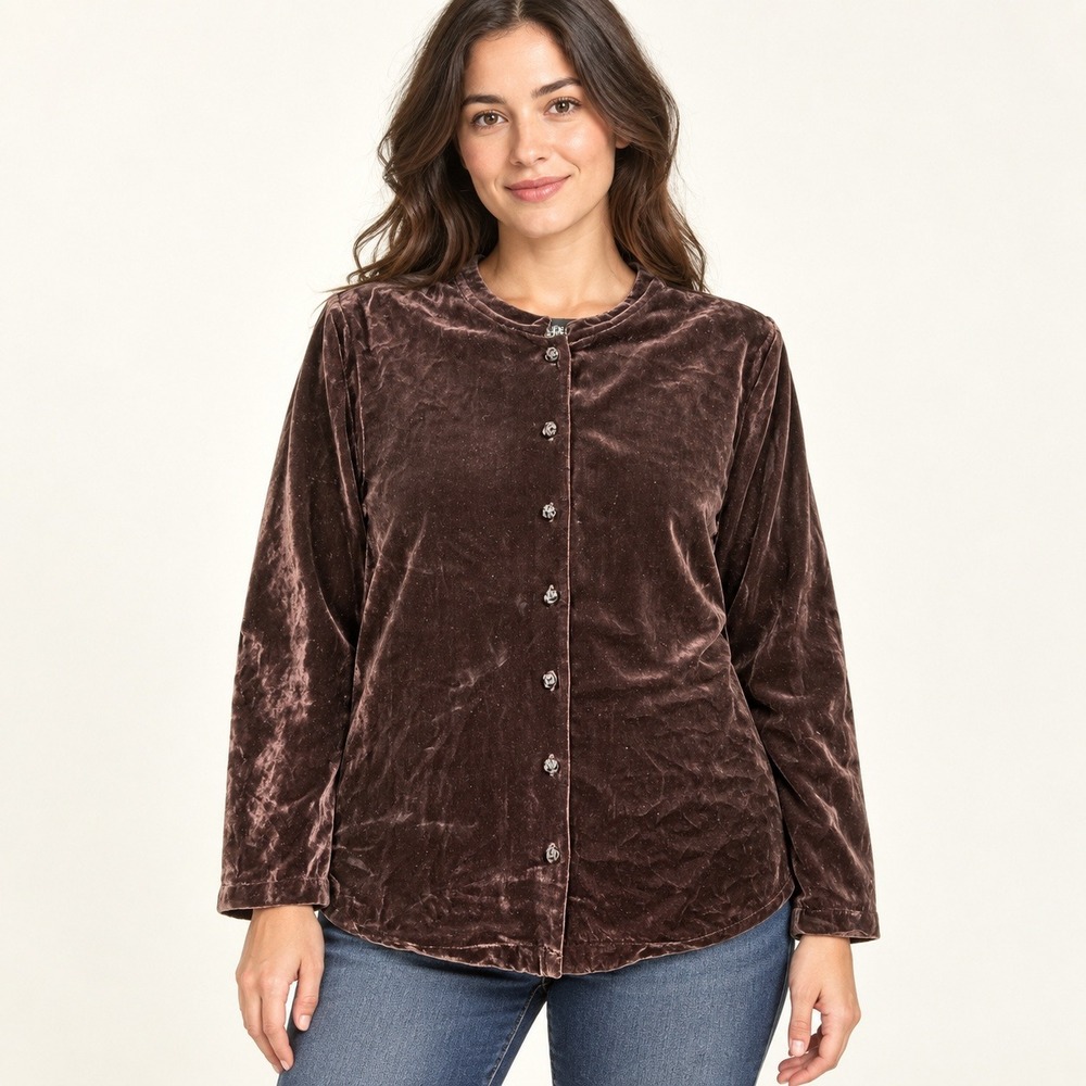 Eileen Fisher Silk Velvet Button Front Top Dark Plum Burgundy 2X Plus Size
